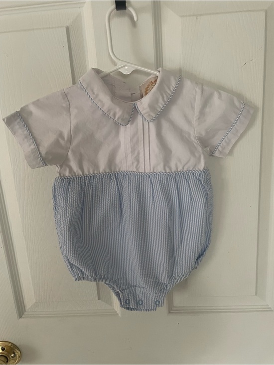 The Beaufort Bonnet Company Other - The Beaufort Bonnet Company White and Light Blue Seersucker Bubble Romper